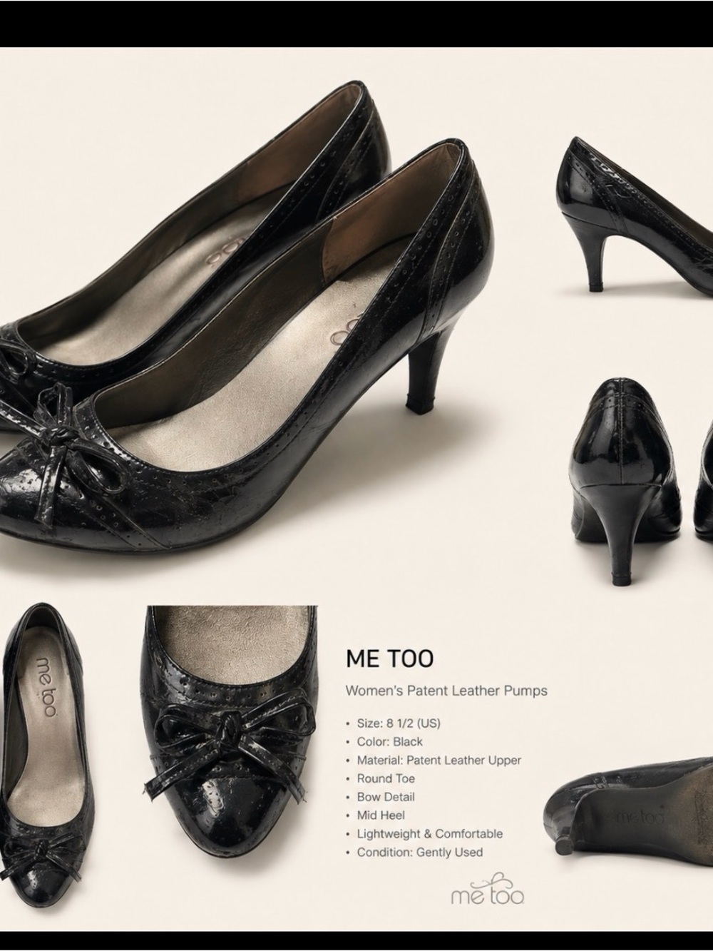 me too Black Patent Leather Mid-Heel Pumps with Bow